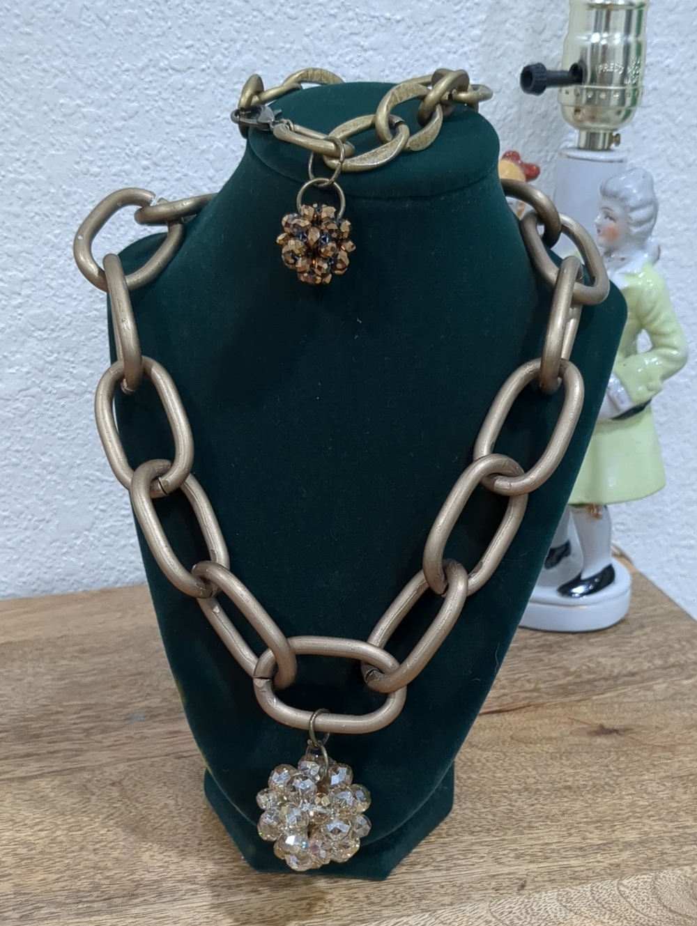 Rustic Antique Gold Color Chain Necklace with Crystal Cluster Pendant & Bracelet